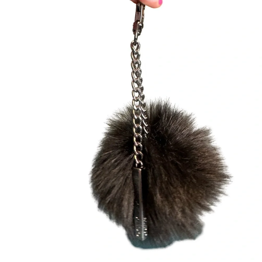 Black & Gunmetal Poof Circle Fuzzy Fur Aldo Bag Charm Key Chain EUC